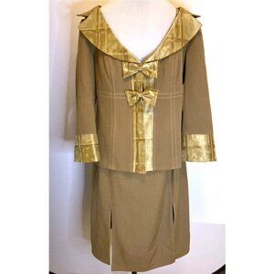 Azadeh olive dress and jacket suit with watercolor silk collar, cuffs, and bows